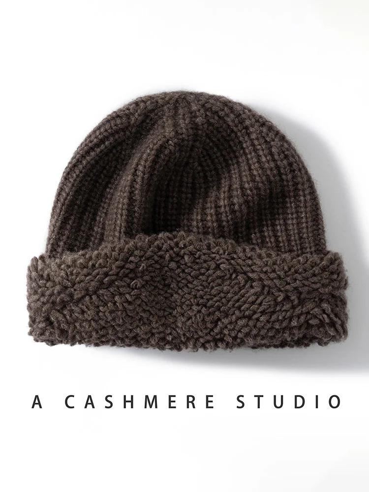 新しい秋冬女性カシミヤ帽子 100% カシミヤケーブルニット帽子ロールタオルエッジ暖かいプルオーバーキャップカジュアルカシミヤトップス