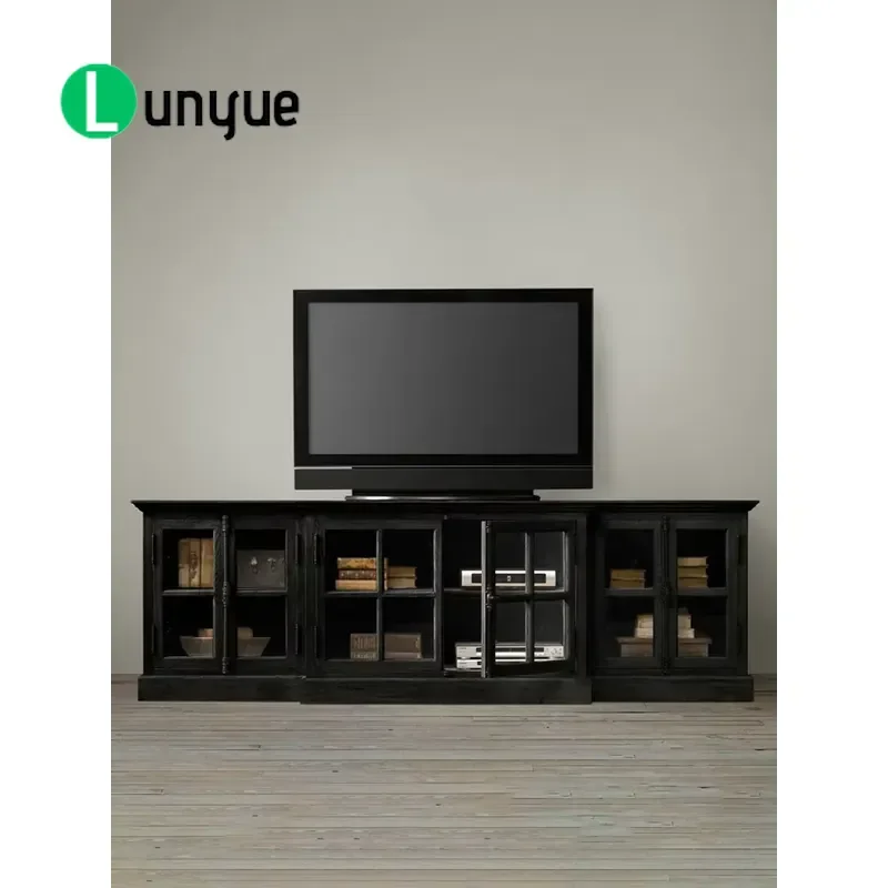 American French Style Solid Oak TV Cabinet with Lock Natural Wood Color Storage Rack for Small Apartment Living Room