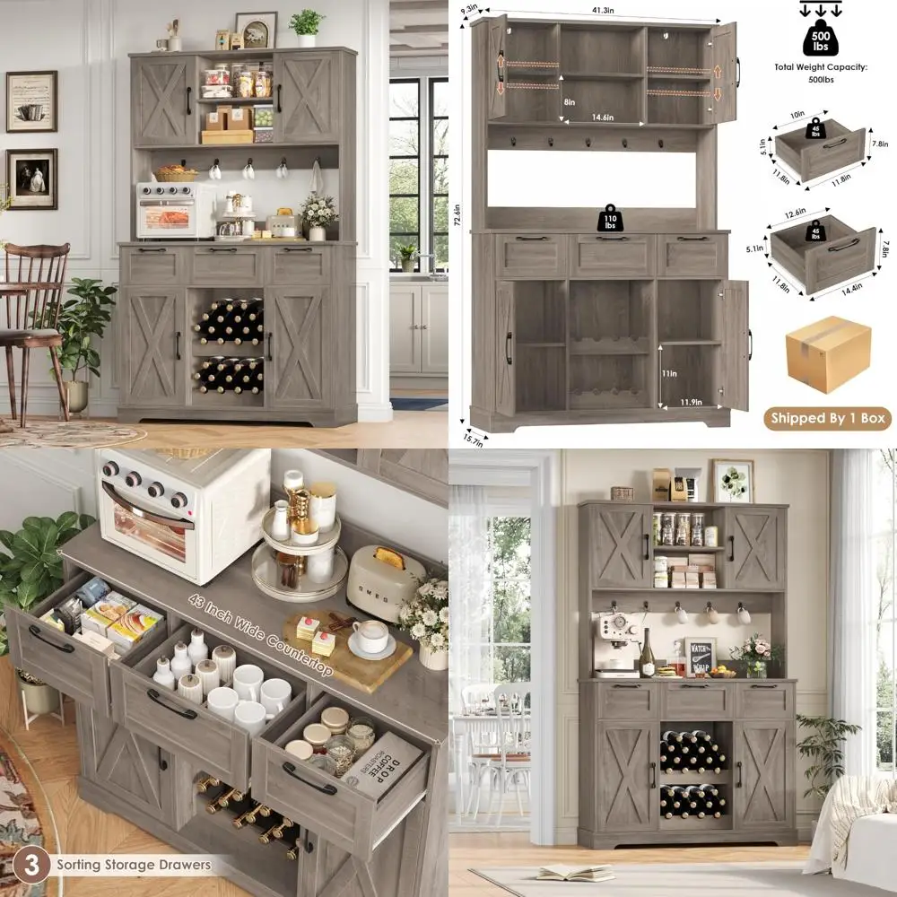 Farmhouse Style Kitchen Pantry Hutch with Storage, Coffee Bar, Wine Rack, and Microwave Stand, Tall Storage Cabinet