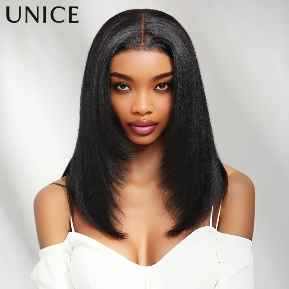 

UNice No Slip Cap 7x5 Lace Layered Cut Yaki Straight Bob Wig 100% Human Hair Glueless Wig With Drawstring