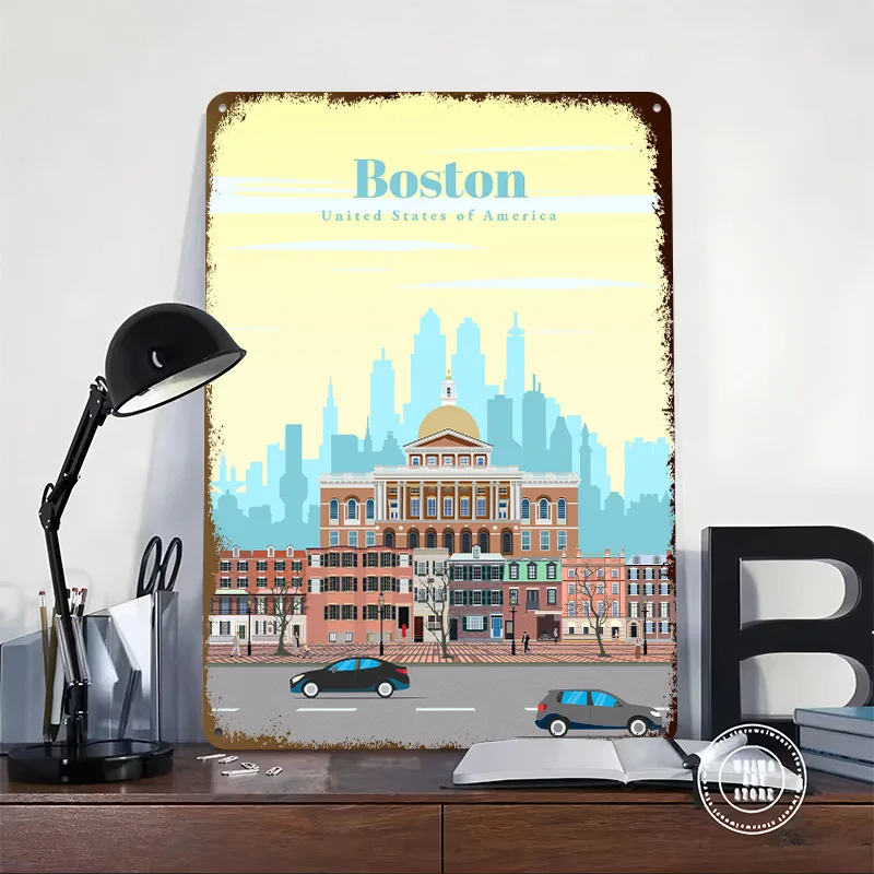 Travel to Boston Printing Poster Customized Retro Wall Art Vintage Metal Signs for Room Bedroom Decoration Gaming House Interior