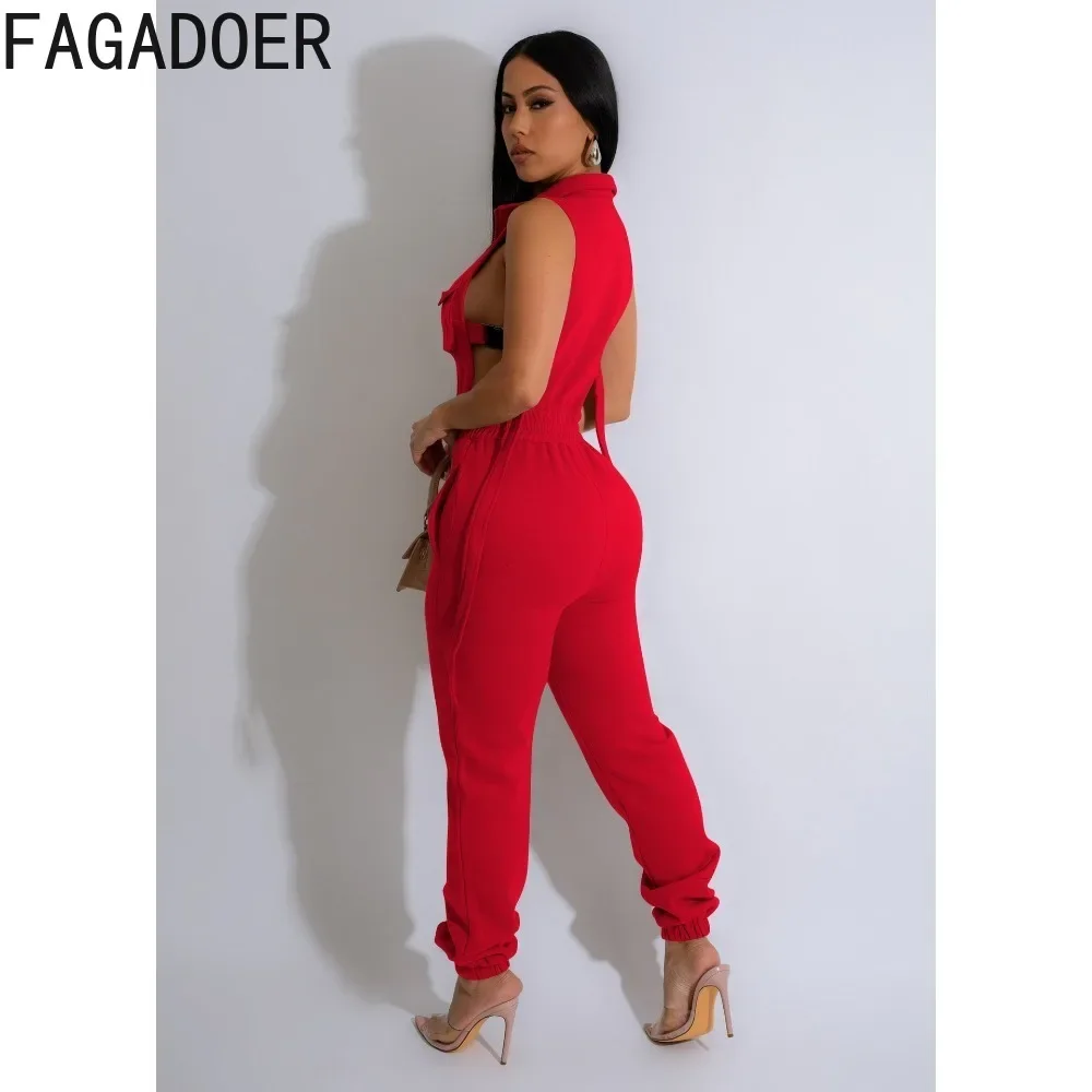 FAGADOER Fashion Solid Hollow Out Pocket Sporty One Pieces Jumpsuits Women Deep V Strap Playsuits Casual Female Cargo Overalls