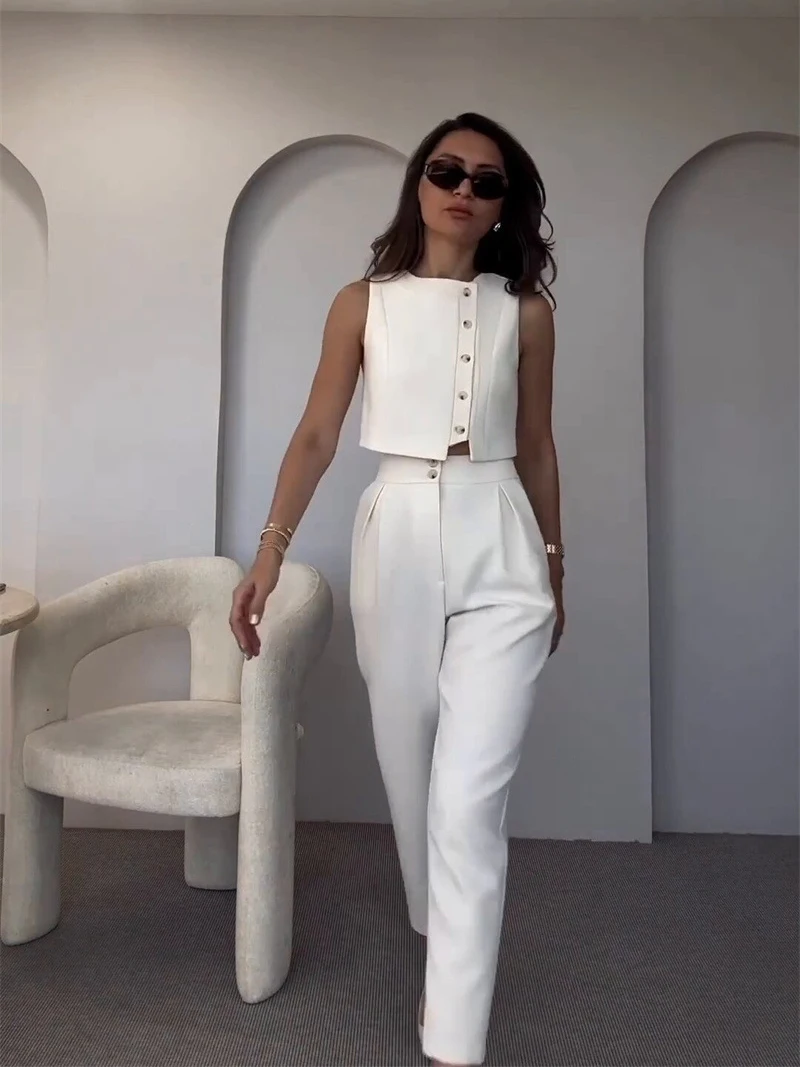 Chic Office Ladies Two Piece Set Sleeveless Single Breasted Crop Tops High Waist Pencil Capri Pants Suits Women Summer Outfits