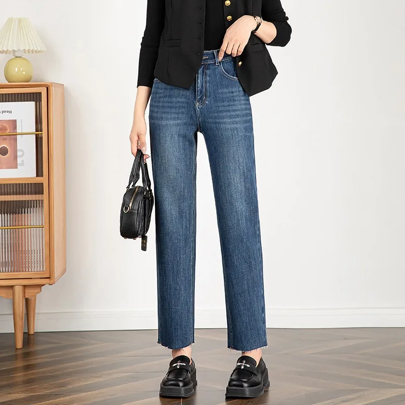 Slimming High Waist Spring Autumn Four Sided Elastic Stretch  Ankle-Length Straight Cigarette Jeans Casual Style Hairy Edges