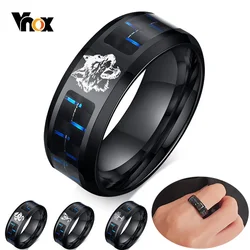 Vnox Men's 8mm Personalize Laser Engraved Wolf Dragon Bands Ring Black Stainless Steel with Carbon Fiber Custom Gifts Jewelry