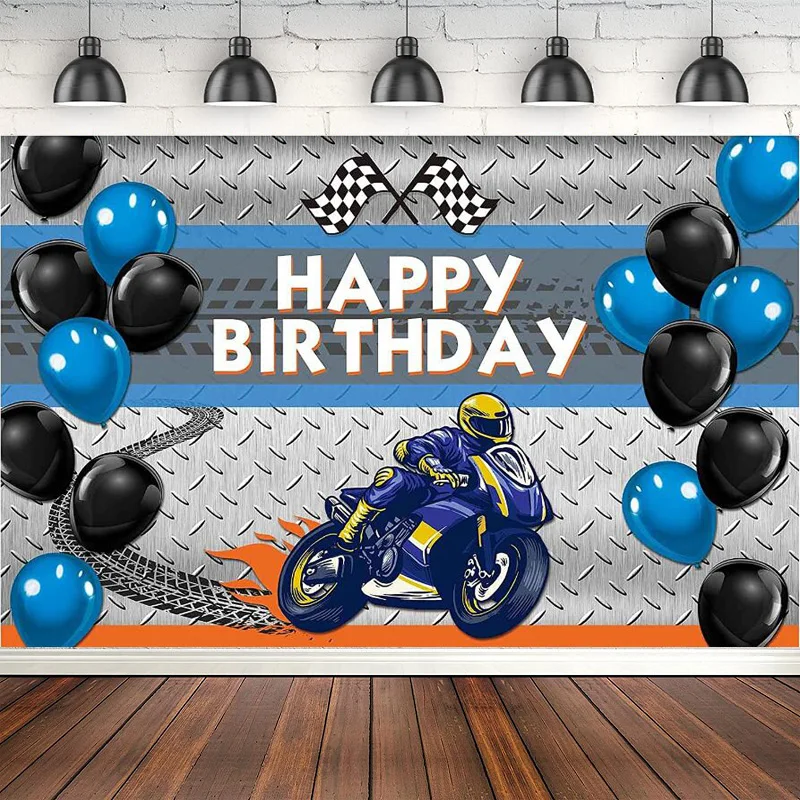 Photography Backdrop Black And Blue Balloons Motocross Motorcycle Banner For Boys Happy Birthday Party Interior Decor Background