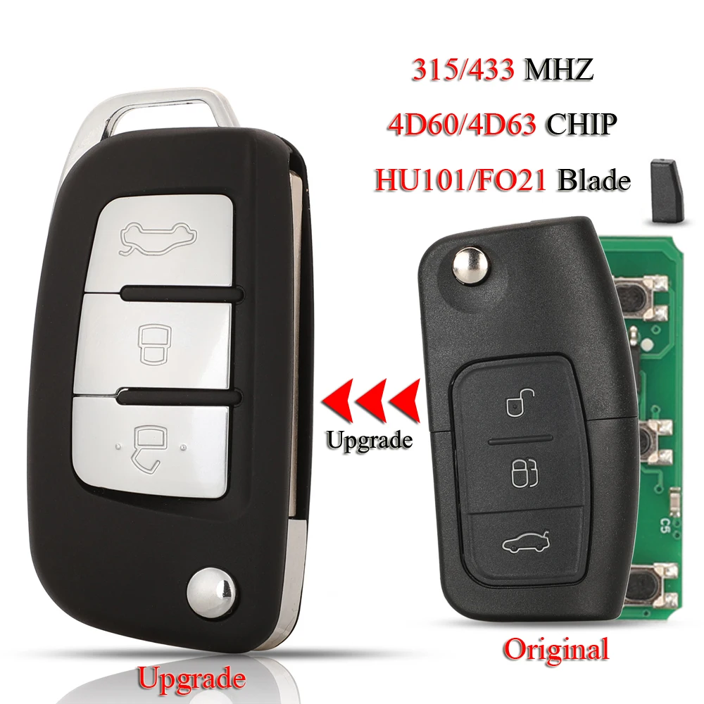 Jingyuqin chiave pieghevole per auto a distanza per Ford Focus Mondeo Galaxy Fiesta C Max S Max 315/433MHZ ID60/ID63 Chip 3 pulsanti HU101/FO21