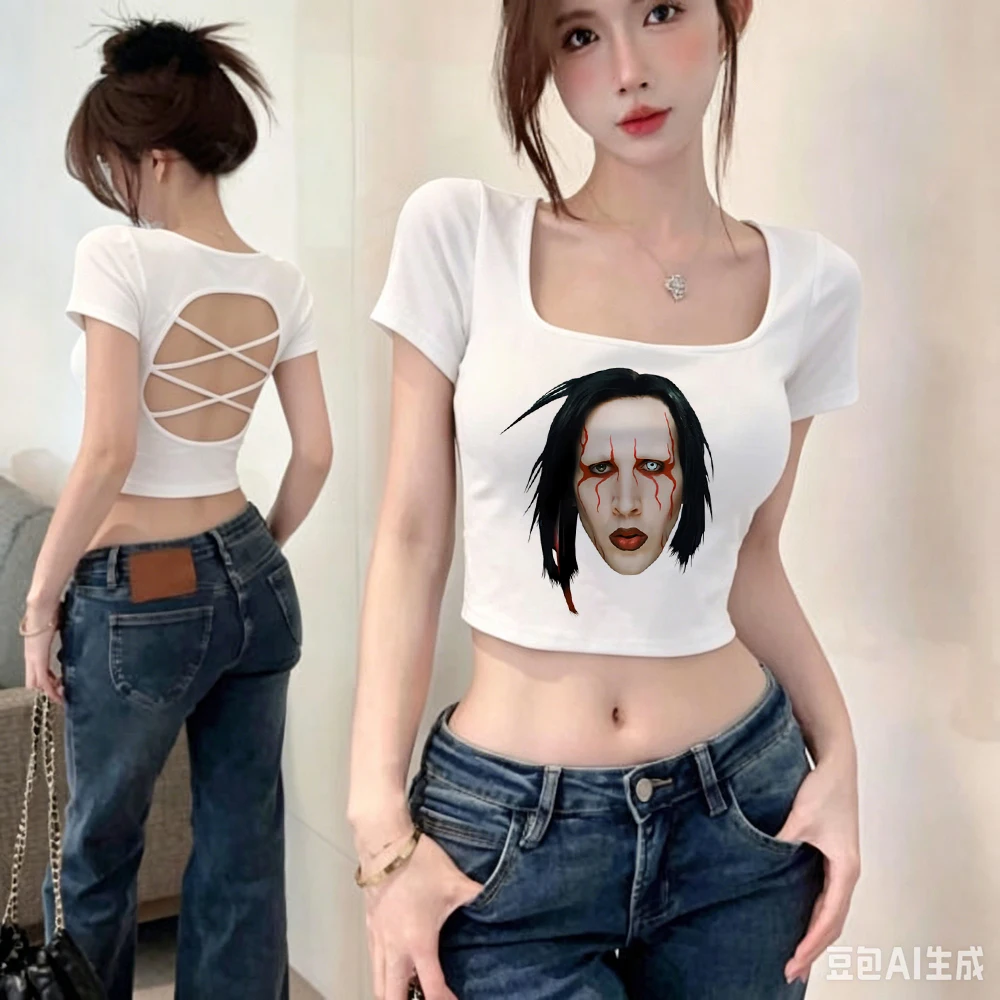 Marilyn Manson crop top teen dollette grunge alternative  goth shirt summer harajuku y2k