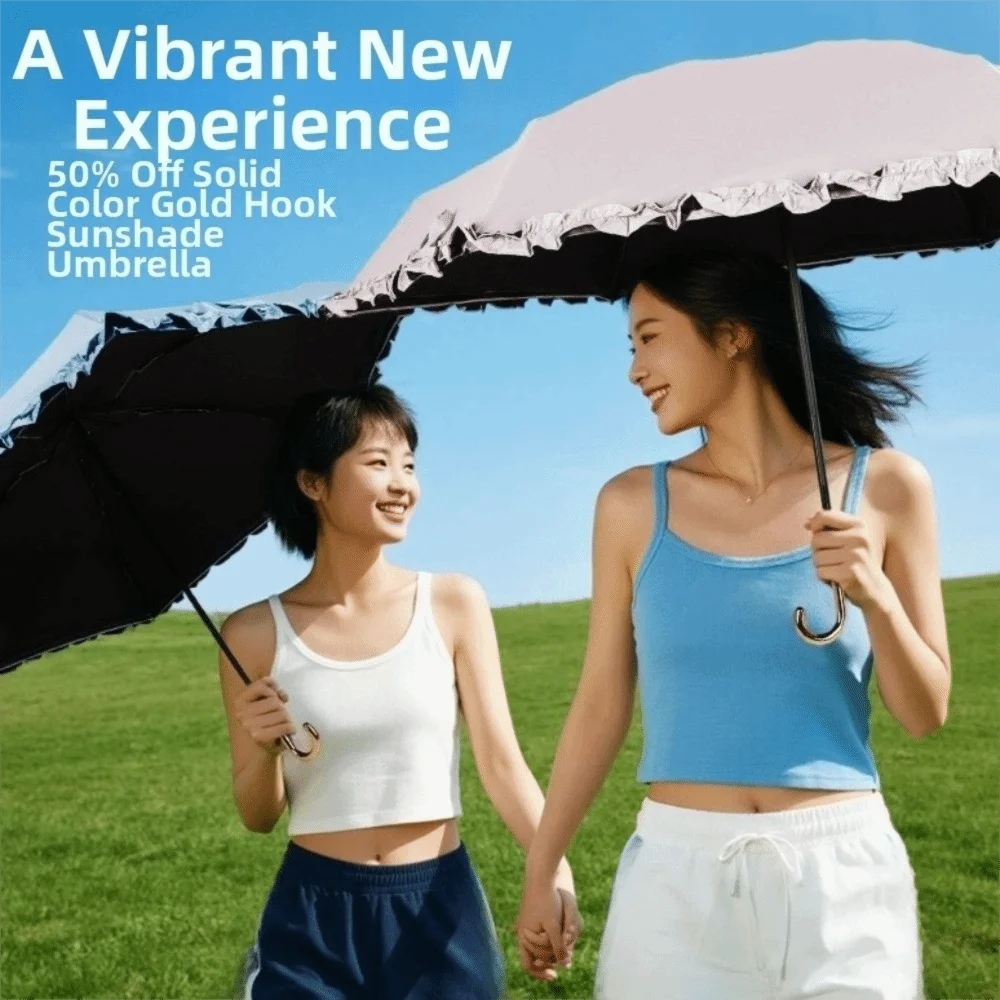 Ultra Light Portable Five Fold Lace Umbrella 6-Rib UV protection Sunshade Umbrella Golden Curved Handle Windproof Rain Umbrella
