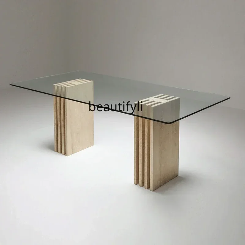 V Modern simple natural travertine dining table, designer tempered glass countertop, eating table