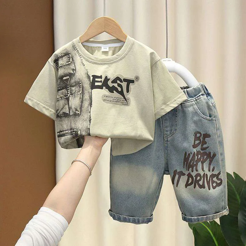 KIDCRKJ Gradient Summer New Children Boys Outfit Muslin Letter Handsome Round Collar Suit Denim Pants Thin Toddler Boys Outfit