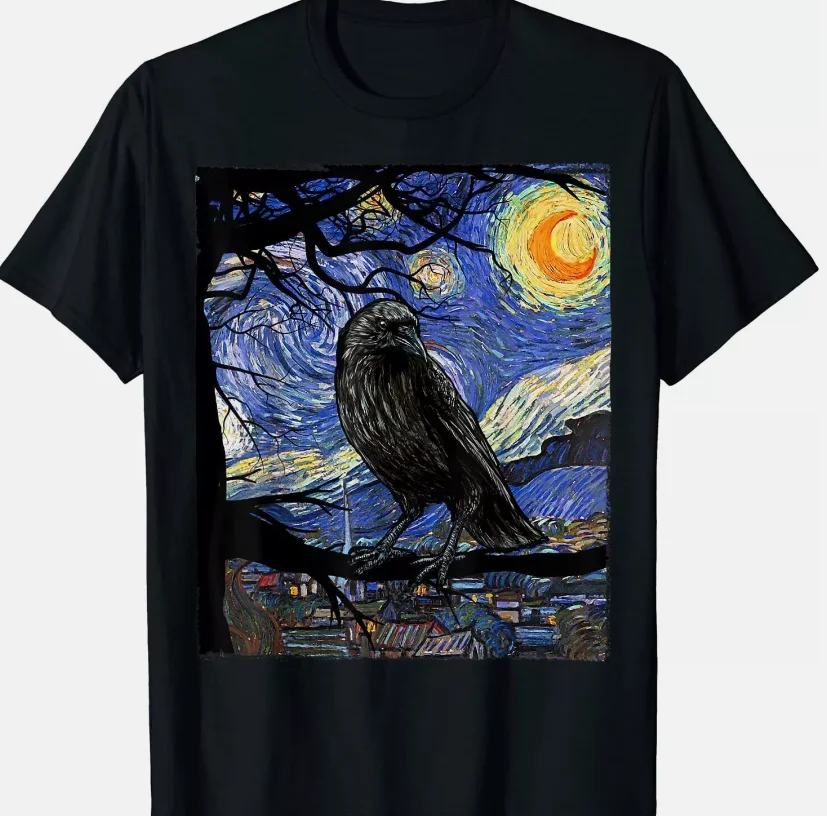 Raven Tshirt, Starry Night Tee, Van Gogh Gift, Crow Lover T-Shirt Size S-5XL