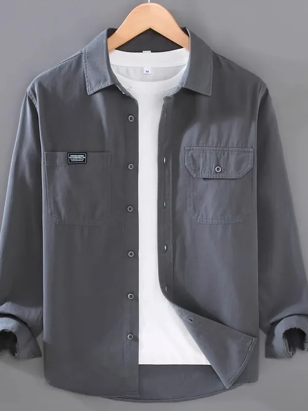 

American Retro Pocket Work Shirt Men's Long Sleeve Casual Versatile Pure Color Shirt Jacket Spring Autumn New Style