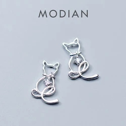 Modian Charm Classic Clear CZ Line Animal Cats Stud Earrings Romantic Female 925 Sterling Silver Jewelry For Women Christmas