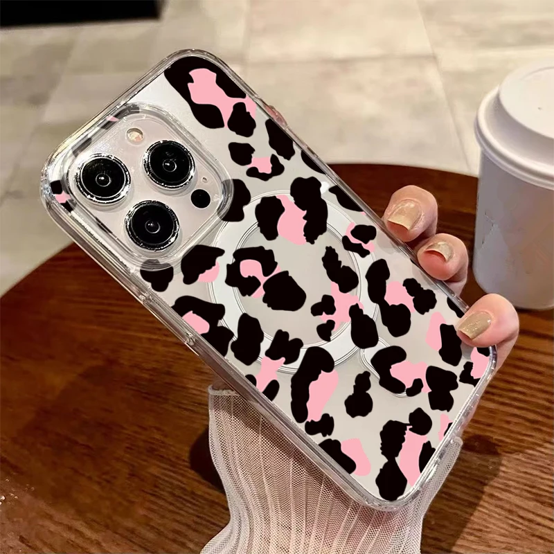 Black Pink Leopard Print Magnetic Phone Case for Samsung Galaxy S26 S25 S24 FE S23 S22 Ultra Plus product photo