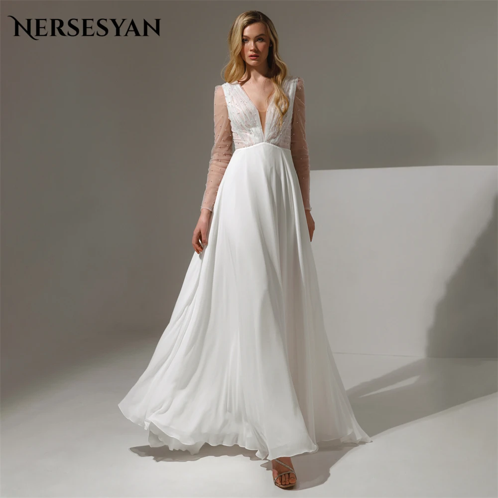 

Nersesyan Bohemia Pearls Wedding Dresses Deep V-Neck A-Line High Waist Pleats Bridal Gowns Long Sleeves Backless Bride Dress