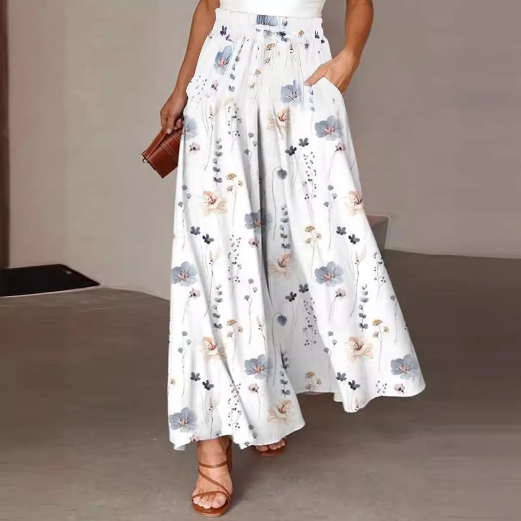 Spodnie damskie z szerokimi nogawkami, długie spodnie z nadrukiem kwiatowym, w pasie, proste spodnie Y2k Streetwear, eleganckie, luźne, letnie spodnie Maxi Capris