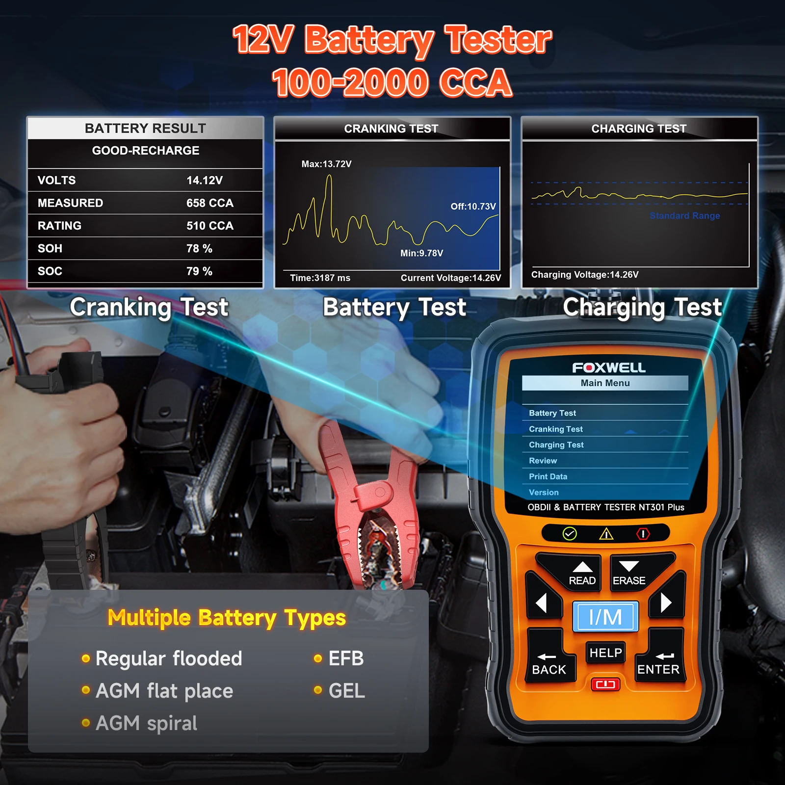FOXWELL NT301 Plus 2 في 1 obd2 الماسح الضوئي جهاز اختبار بطارية obdii أداة تشخيص تحقق محرك قارئ رمز السيارة 12 فولت 100-1100CCA كرنك