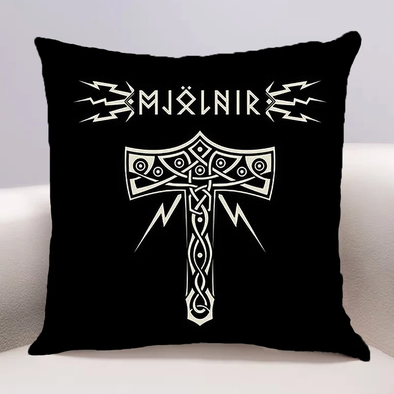 Odin Rune Valhalla Mjolnir Thor Hammer Cushion Cover for Sofa Cover Seat Car Throw Pillowcase 45X45cm For Home Decorative 183