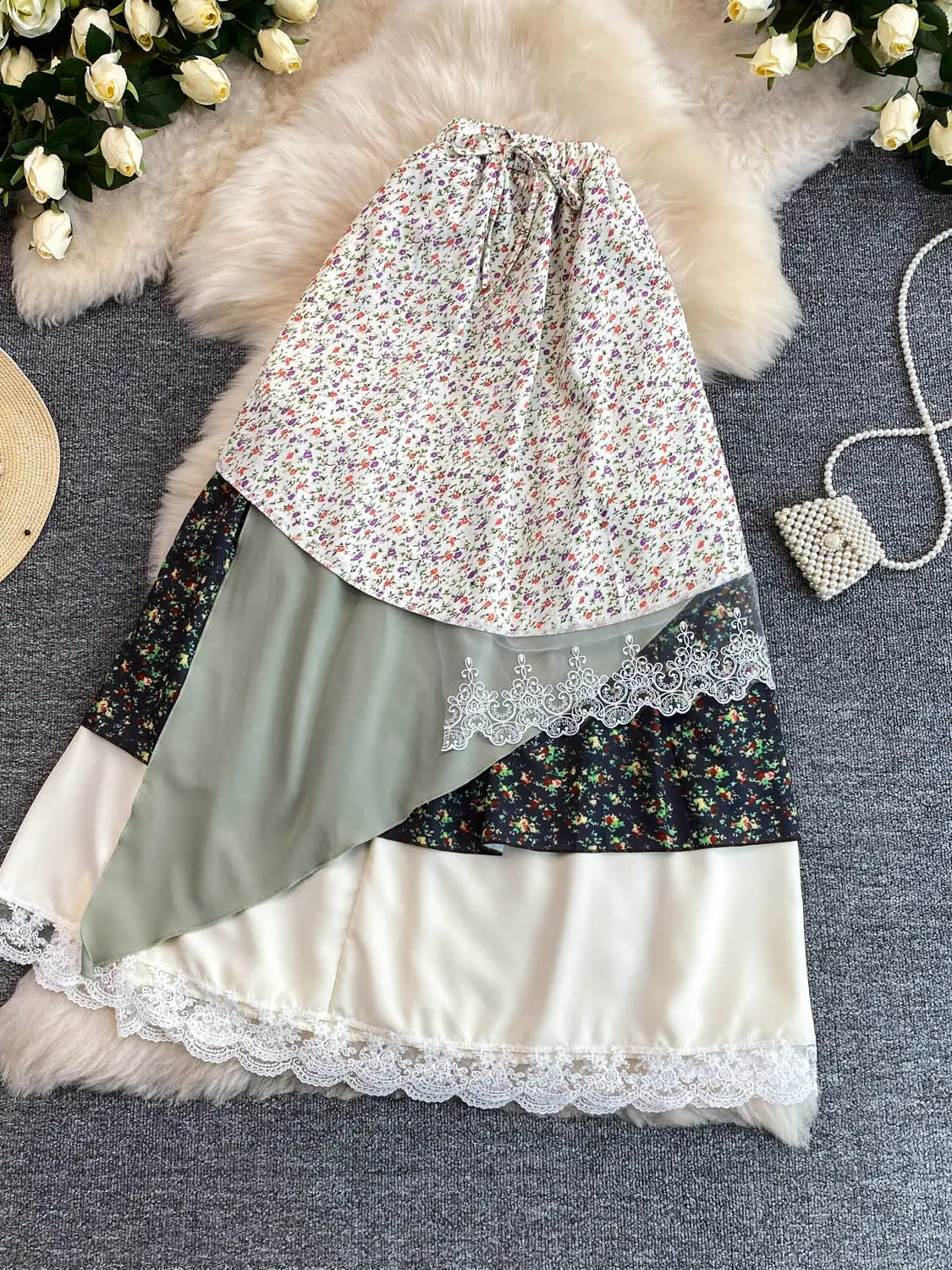 Women's Green Floral Lace Patchwork A-Line Skirt Vintage High Waist Midi Skirt 2000s Y2K Mori Girl Skirt for Women Summer 2026
