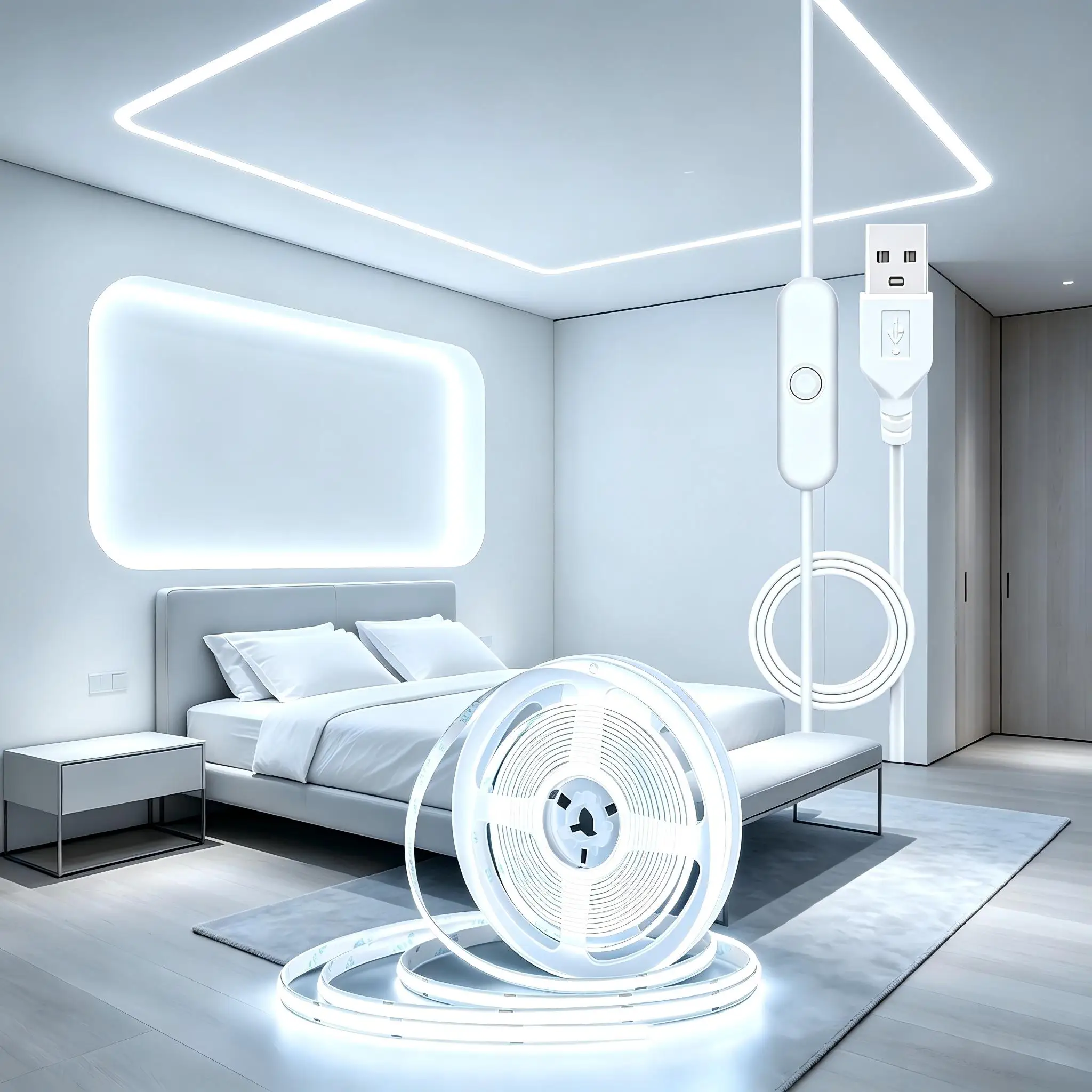 LED COB light strip, USB powered, adhesive backing for flexible cutting, white/warm light. Suitable for home and TV backlighting