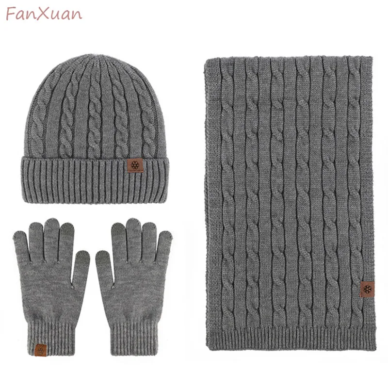 3pcs Wool Winter Hat Scarf Glove Sets for Men Women Beanies Hats Set Long Scarf Touch Screen Gloves