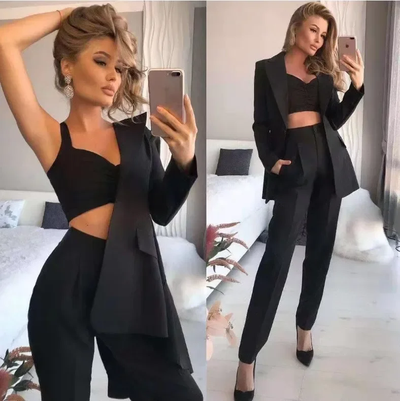 Europe and the United States new thin medium long long sleeve small suit loose solid color three-piece suit