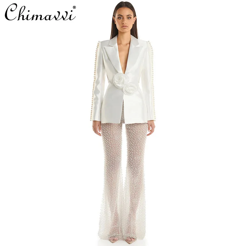 

Spring 2024 New Fashion Hollowed-out Beaded 3D Flower Suit Jacket Pearl Sequin Gauze Trousers High-End Two-Piece Women's Outfits