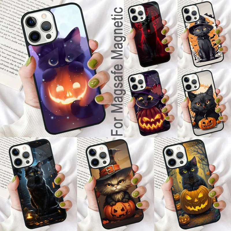 

Funny Animal Cartoon Halloween Cat Magnetic Soft Phone Case for iPhone 16 Promax 15 Pro 13 14 Plus 11 12 Mini MagSafe Coque