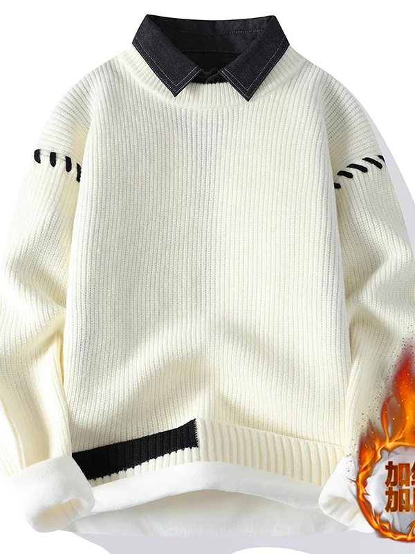 

Men's Denim Collar Fce Lined Thi Warm Knitted Sweater Autumn Winter Trendy Brand Casual Wear Comfortable Long Sve i...