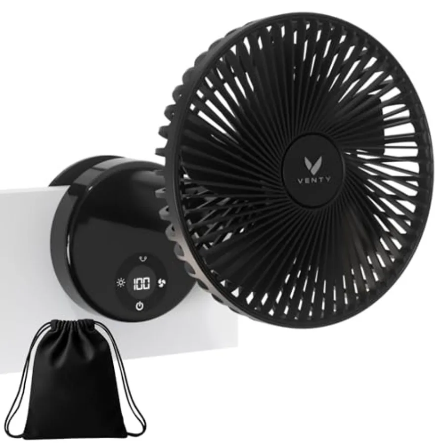 Portable Clip Fan for stroller, desk or bedside use; ABS plastic, black; 360 rotation, 90 tilt, aromatherapy diffuser, LED ligh