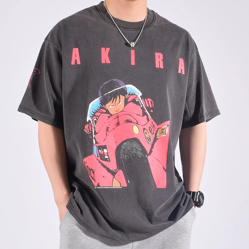 Summer Y2K Akira Japanese Anime Cartoon Vintage Wash Cotton Short Sleeves Loose casual Street Print T-shirt Oversize Round Neck