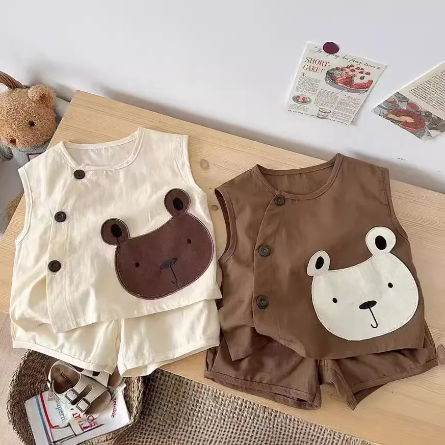 

Baby Boys Girls Summer Set 2025 New Girls Thin Cotton Dress Children's Tank Top Shorts Bear Two Piece Set
