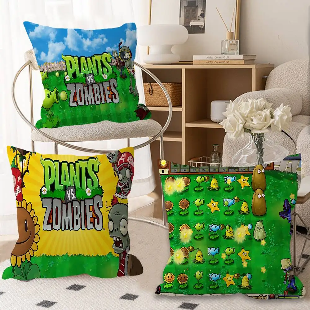 P-Plants-vs-Zombie Cartoon Pillow Covers Cartoon Sofa Decorative Home Double-sided Printing Short Plush Cute Cushion Cover