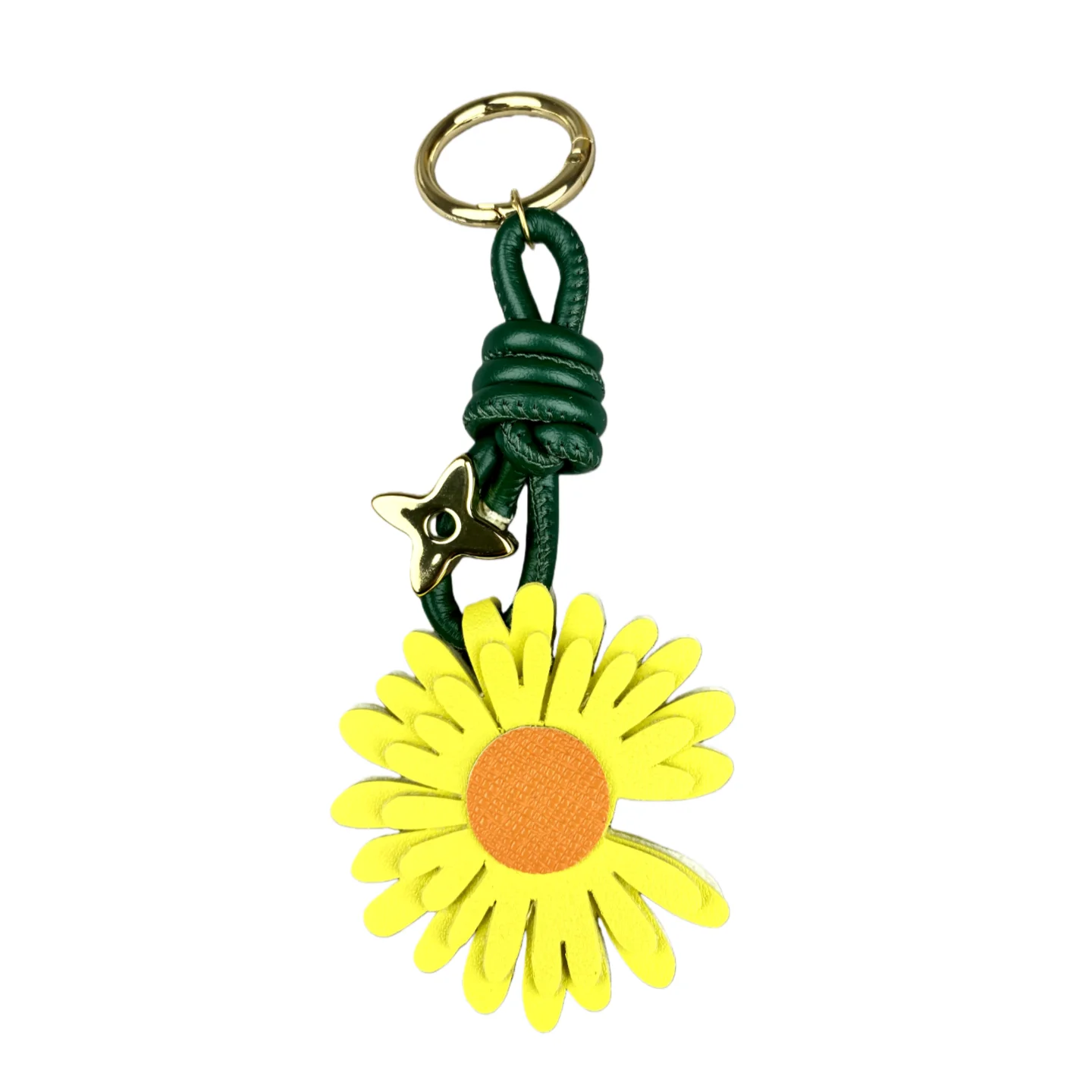 Klassischer Gänseblümchen-Schlüsselanhänger aus PU-Leder – zweifarbiger PU-Gänseblümchen-Charm mit vierblättrigem Kleeblatt-Perle/3,2 cm Metallring für Tasche, Geldbörse, Rucksack – Detail 9