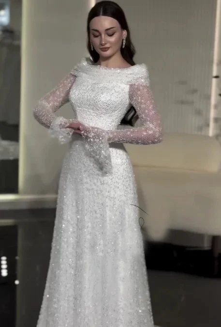 OLOEY Customized Boat Neck A-Line Elegant Wedding Dresses Lace Floor-Length Long Sleeves Bridal Gowns vestido de novia 2026