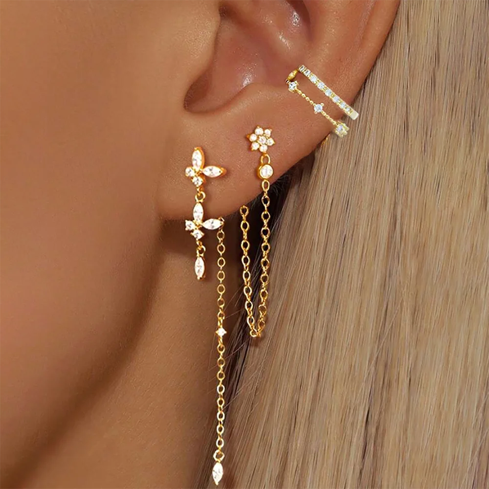Luxuriöses 3-teiliges Ohrring-Set mit Blumen, Schmetterlingen und Quastenketten für Damen, Zirkonia-Ohrclips ohne Piercing, Streetstyle-Schmuck