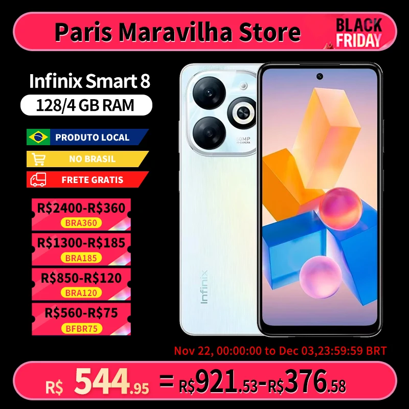 Infinix Smart 8 128GB ROM / 4GB RAM Versão Global | Smartphone 4G, ROM Global, Carregador 10WCâmera 13MP