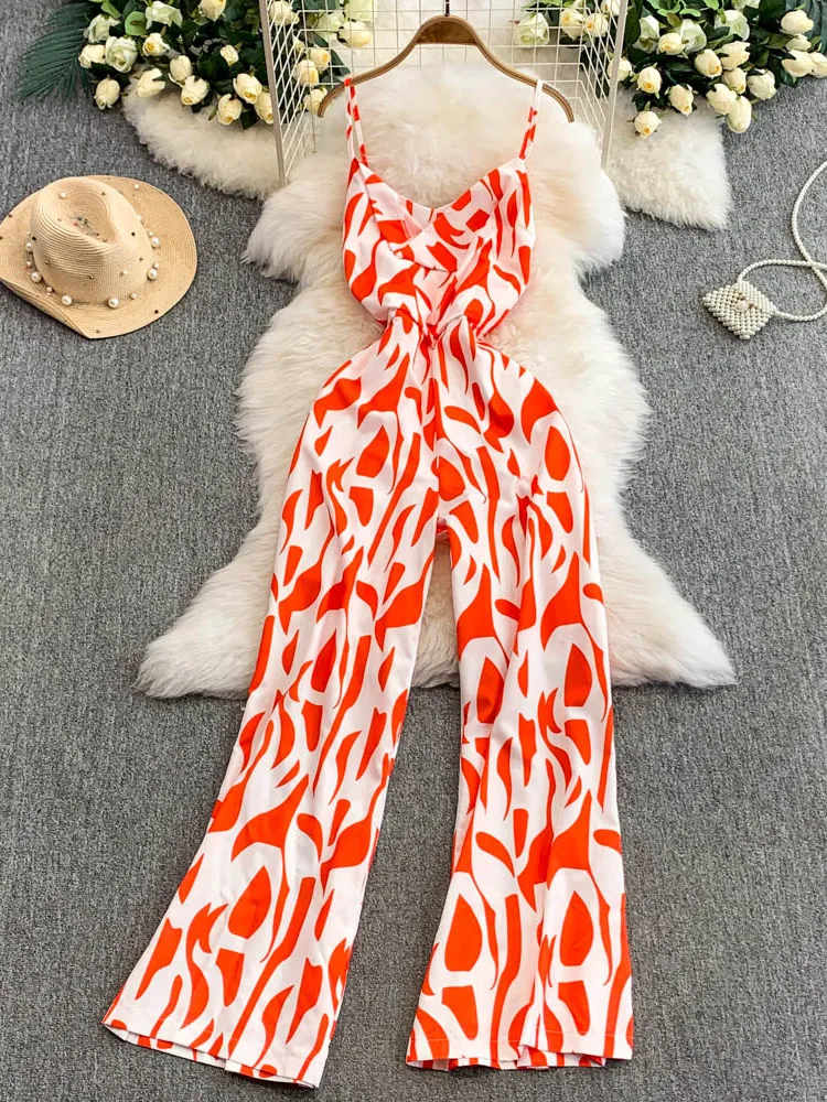 

Faionable Holiday Print ter One-Piece Pants Women's Summer Slimming Wide Leg Long Pants High Waist Polyester Fiber