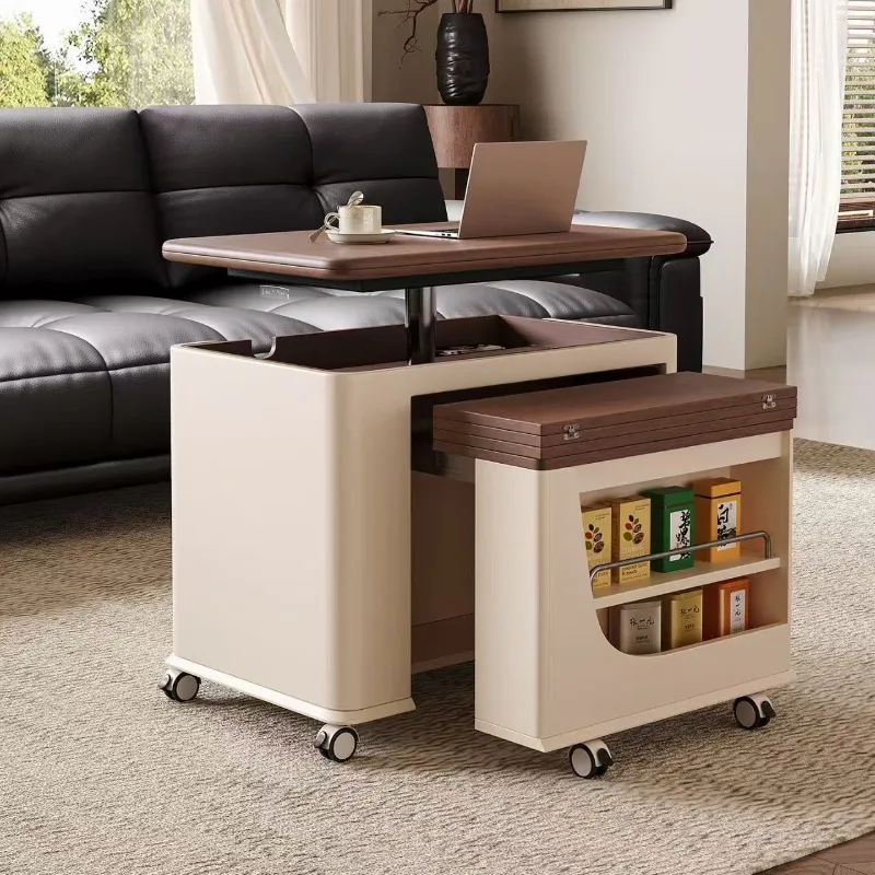 Movable coffee table, living room, household small apartment, medieval cream wind, liftable folding trolley, sofa side table