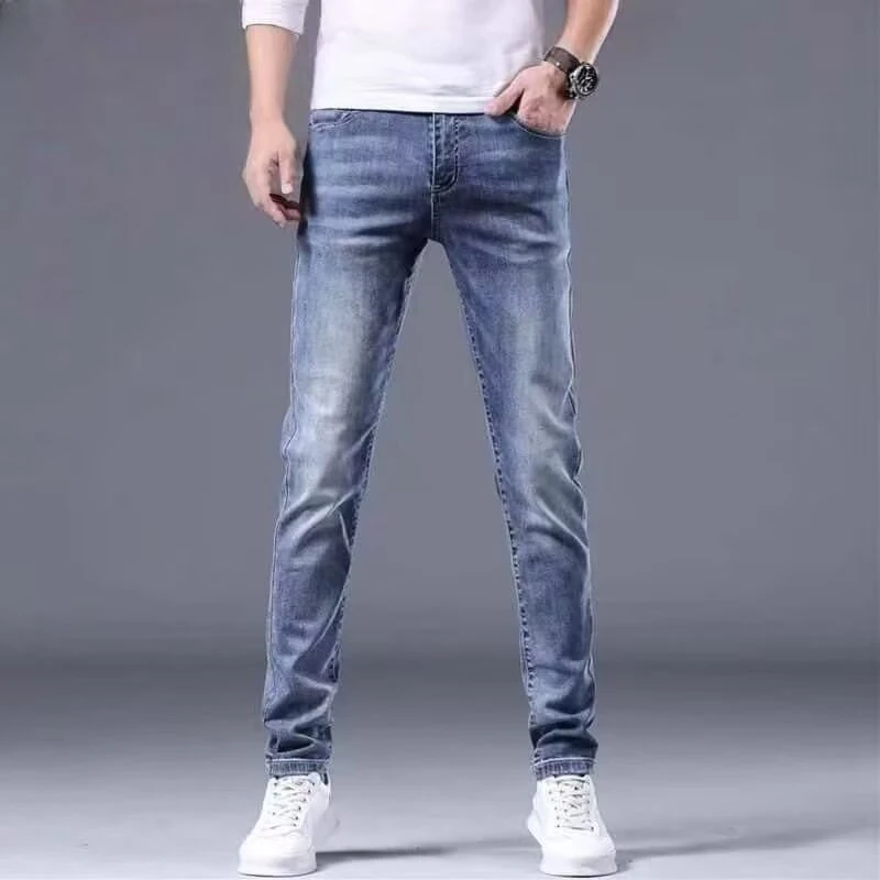 

Летние мужские повседневные эластичные джинсы, модные мужские облегающие прямые джинсовые брюки, высококачественные однотонные дышащие брюки