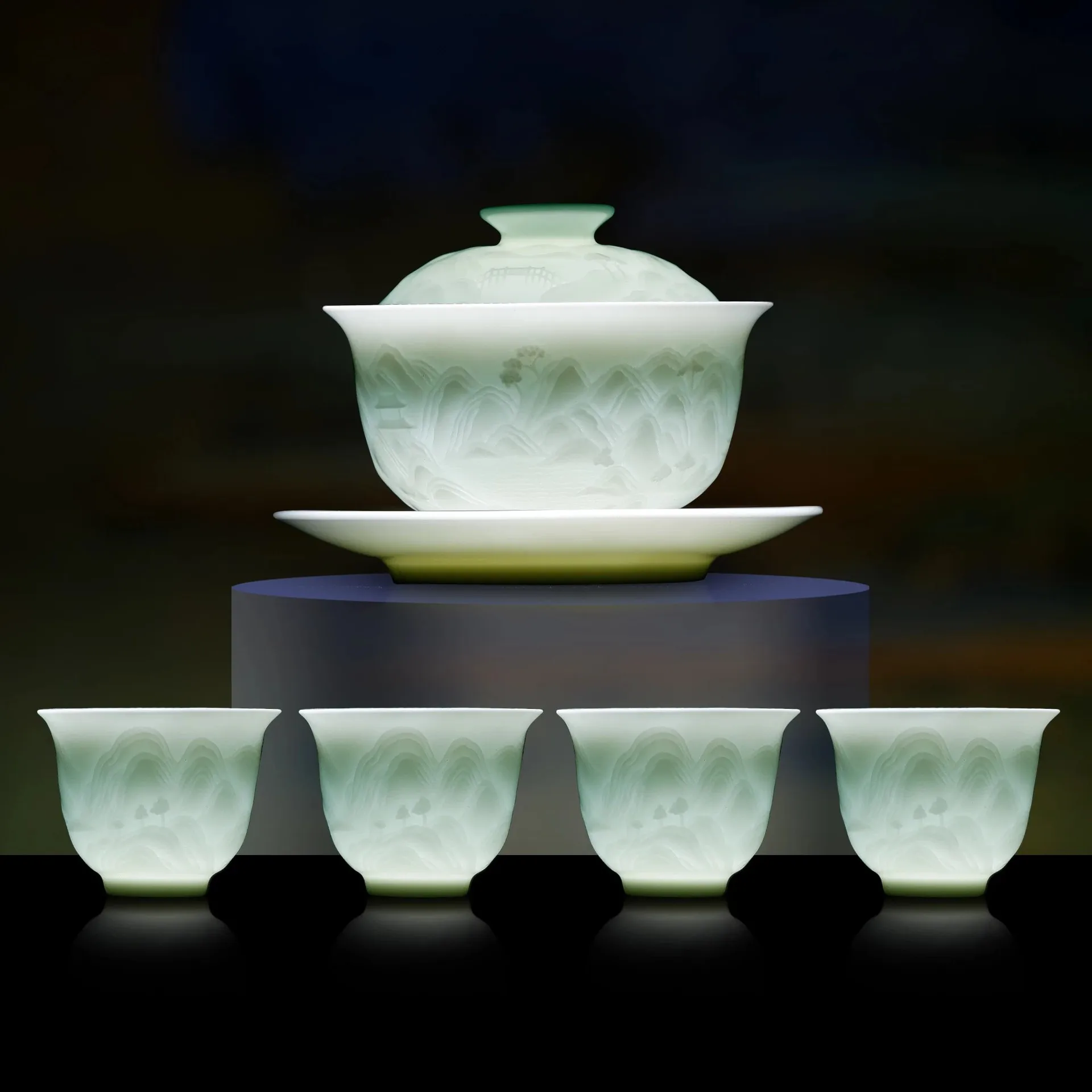 HYS Handmade Shadow Celadon Kung Fu Tea Set Ceramic Carving Landscape Cover Bowl Teapot Teacup Combination Gift