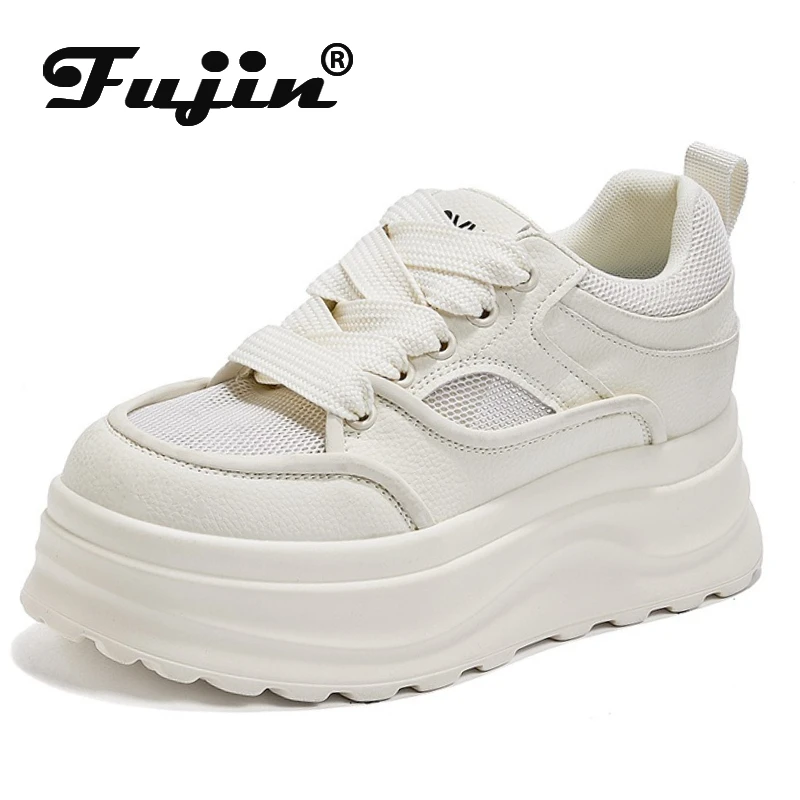 

Fujin 8.5cm Air Mesh Genuine Leather Shoes Platform Wedge Skate Boarding High Brand Heels Casual Women Vulcanized Summer Shoes