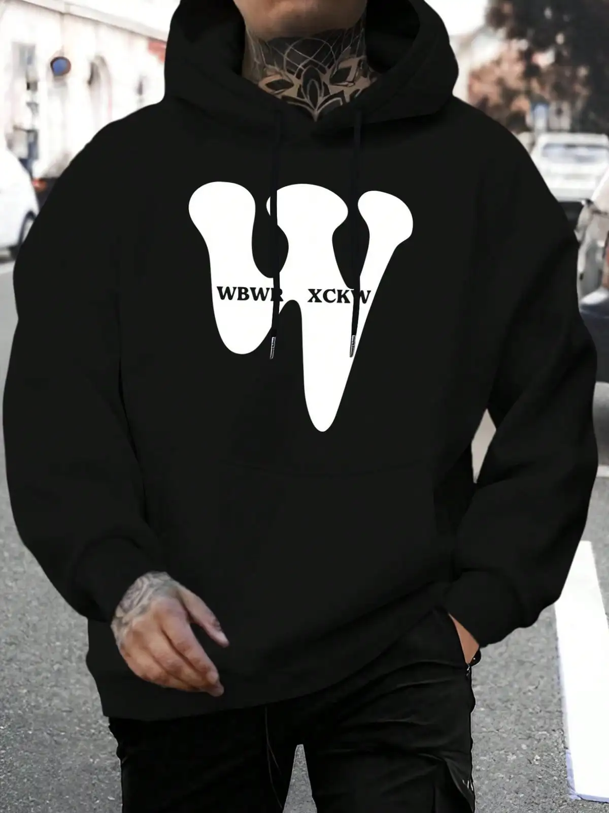 Men Abstract W Letter Graphic Hoodie, WBWR XCKW Street Style Drawstring Kangaroo Pocket Pullover Sweatshirt Casual Hip‑Hop Hooded Tops
