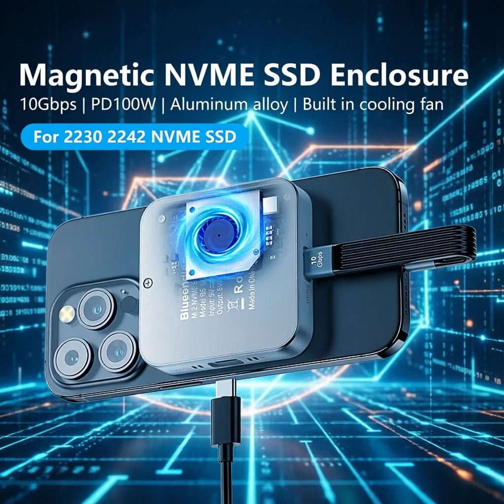 

Magnetic NVMe SSD Case M.2 2230 2242 Enclosure with Fan 100W PD USB C External Hard Drive Box for IPhone 15 Pro Max MacBook Air