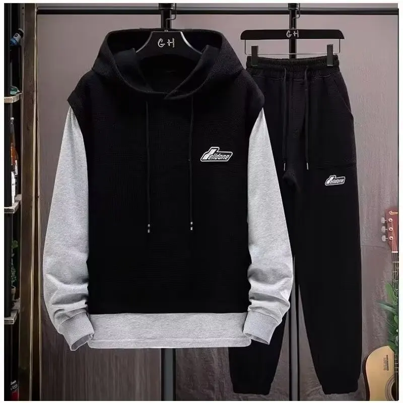 Men's Autumn Fashion Hooded Sweatshirt And Pants Two Piece Set Printed Color Matching Casual Sports Tracksuits Male Clothing
