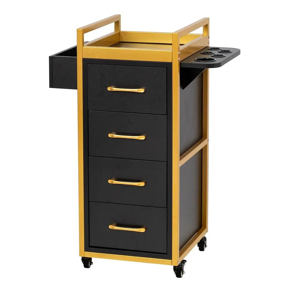 

360° Swivel Trolley Cart, 4 Drawers, 5 Tool Holders, Mobile Hair Station with Black & Gold Finish