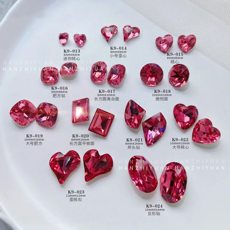 10Pcs Rose Red K9 Nail Glass Crystal Rhinestones Point Bottom Nail Art Rhinestones Charms For Manicure DIY 3D Crafts