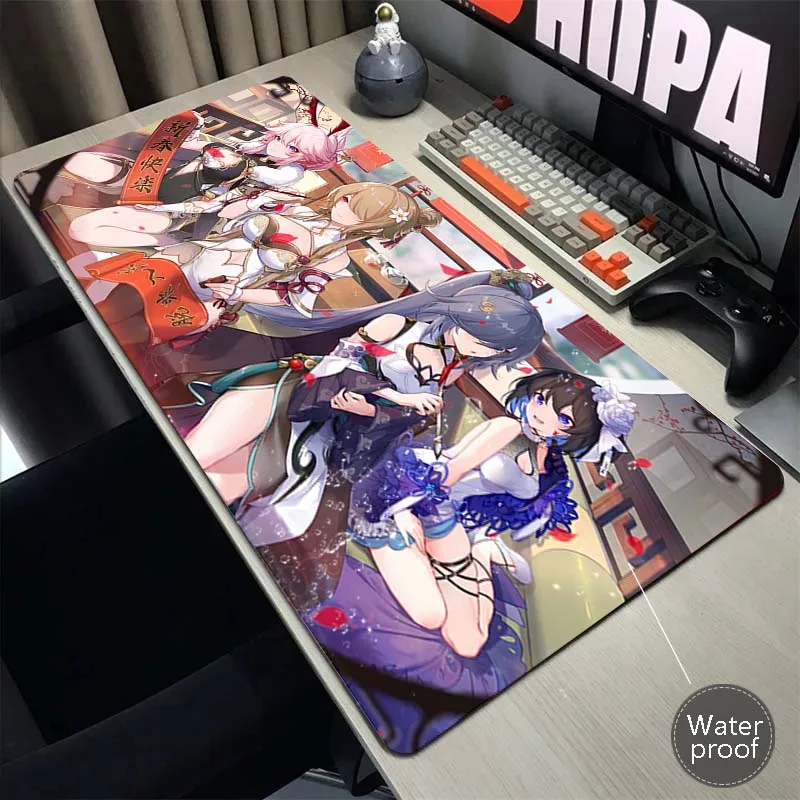 Honkai Impact Print Mouse Pad impermeável, mouse pad do escritório, tapete grande para jogos, borda de bloqueio, teclado do jogo, XXL