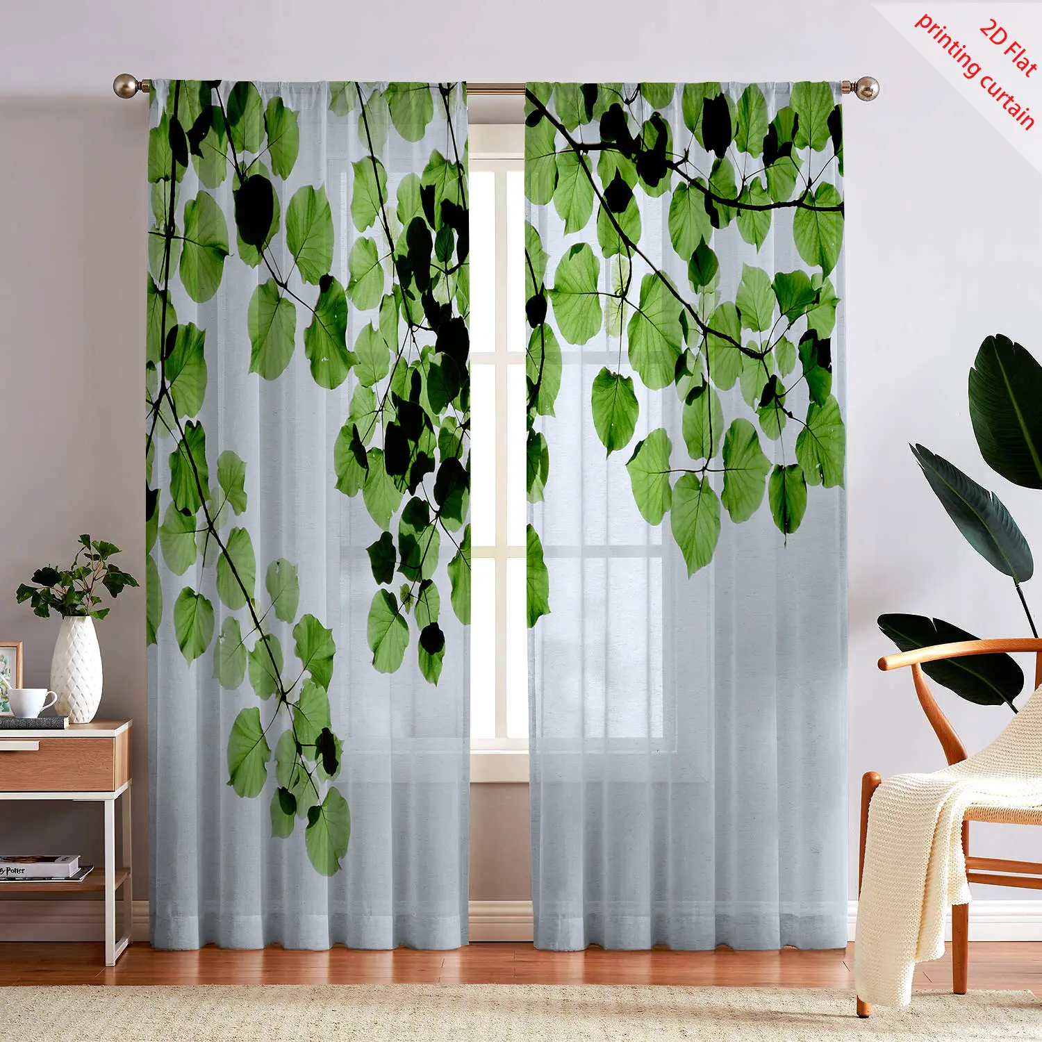 

Green leaf pattern printed transparent gauze curtain, used for bedroom, living room, balcony, hippie dreamy home art decoration
